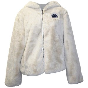 women's white faux fur full zip hooded jacket with Penn State Athletic Logo on left chest